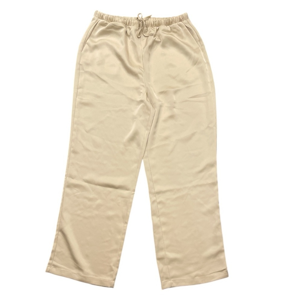 Melloday L beige shiny wide leg elastic waist with tie and pockets pants